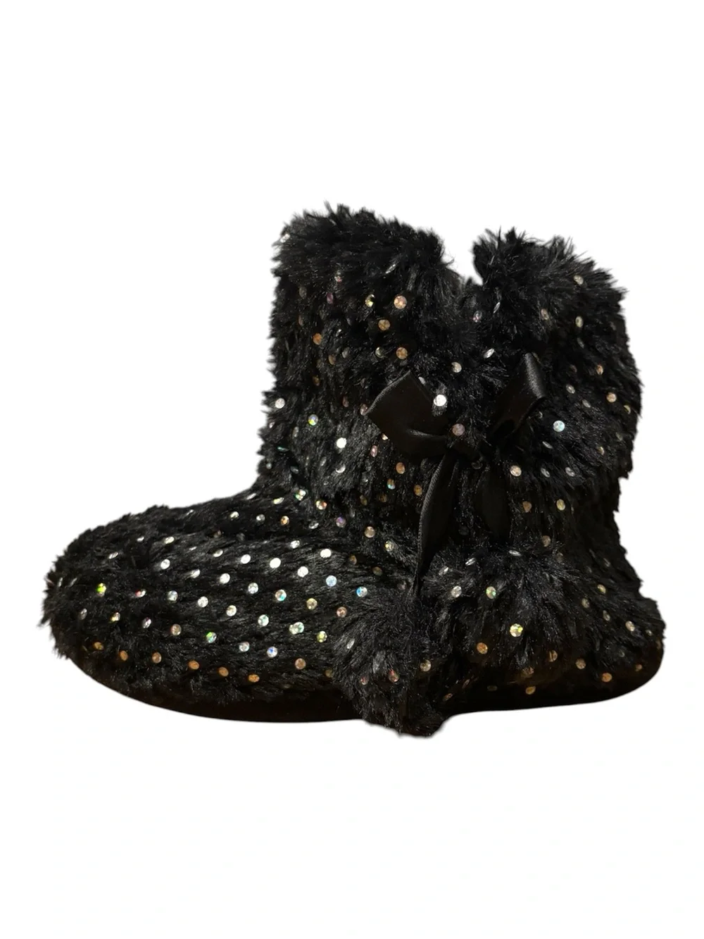 Capelli of New York Black Faux-Fur Sequin Ankle Boot Slippers with Bow Accent